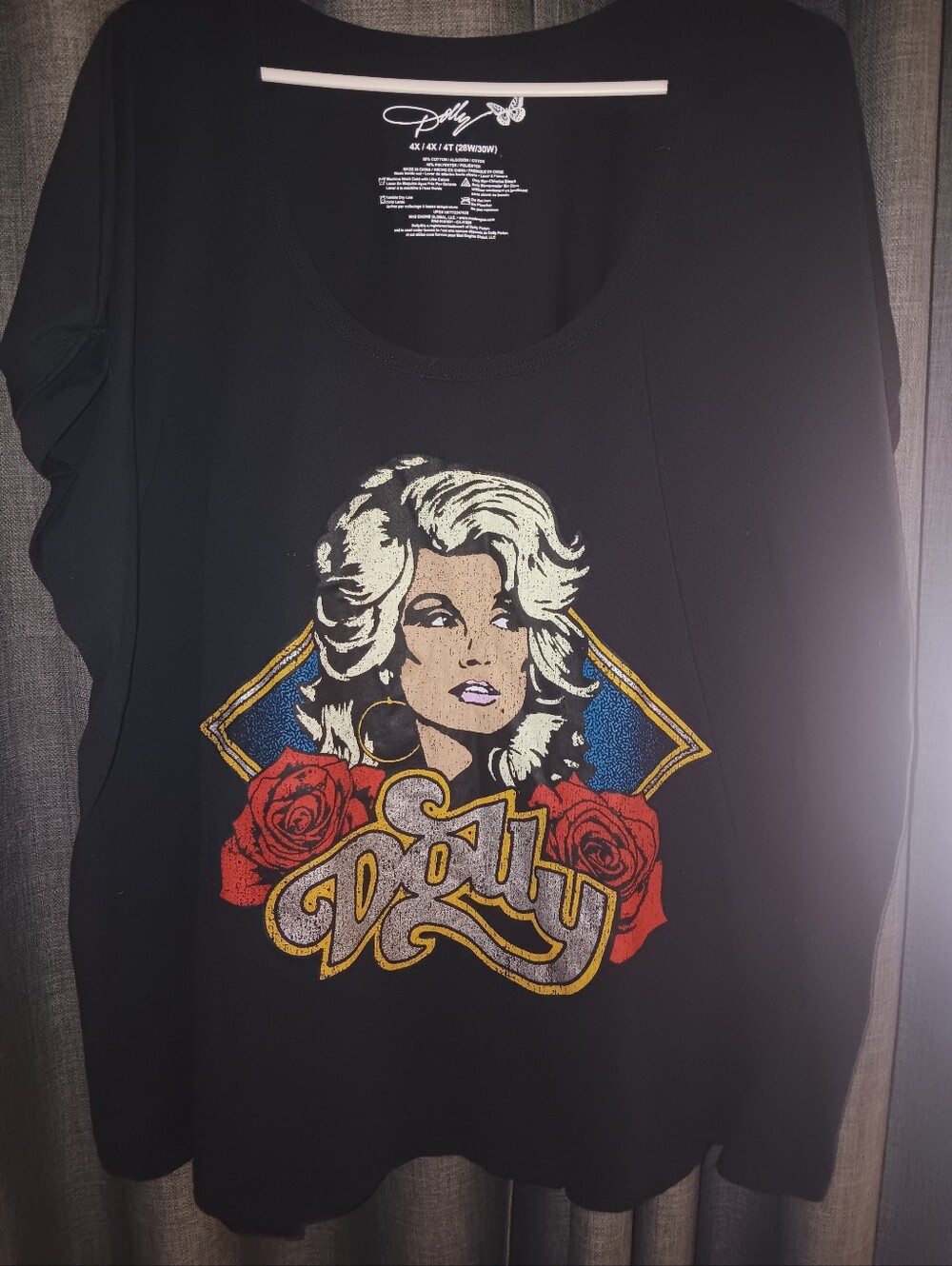 Dolly Parton Black Graphic Scoop Neck Top with Blonde Portrait & Red Roses